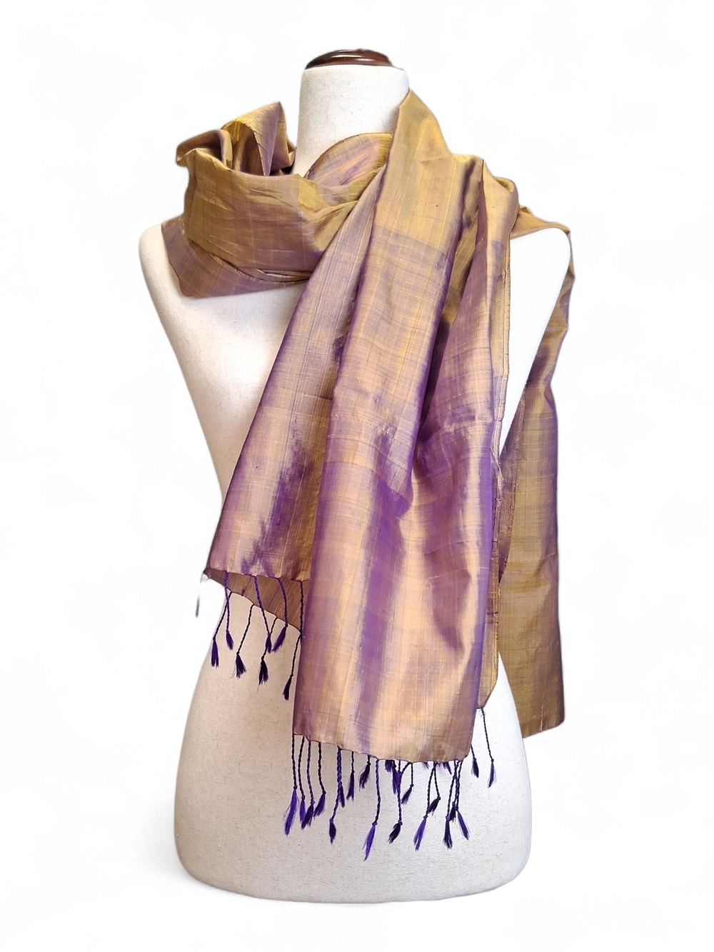Women's Iridescent Gold Purple Silk Wide Scarf 32" X 72"